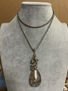 Silver-Tone Layered Pendant Necklace with Smoky Teardrop Crystal - Women Jewelry